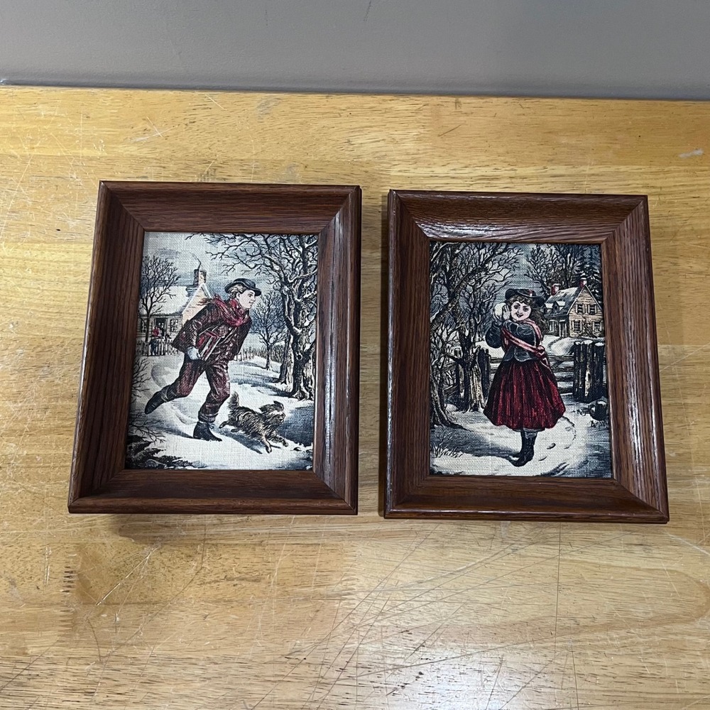 Vtg Kay Dee Handprints Framed Linen Art Pair Winter Boy Girl Americana‎ Decor